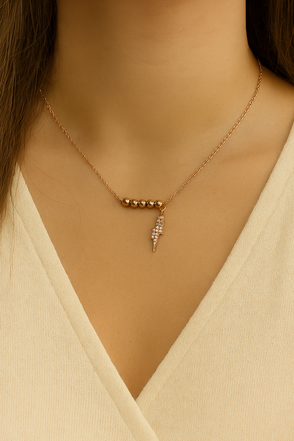 Bolt Bling Beaded Necklace Golden Ball Chain with Crystal Lightning Charm