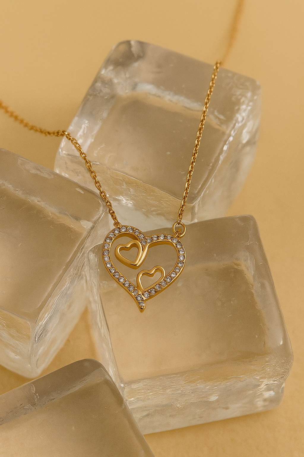 Bonded Hearts Necklace Dual Heart CZ Pendant | Gold Polish Finish