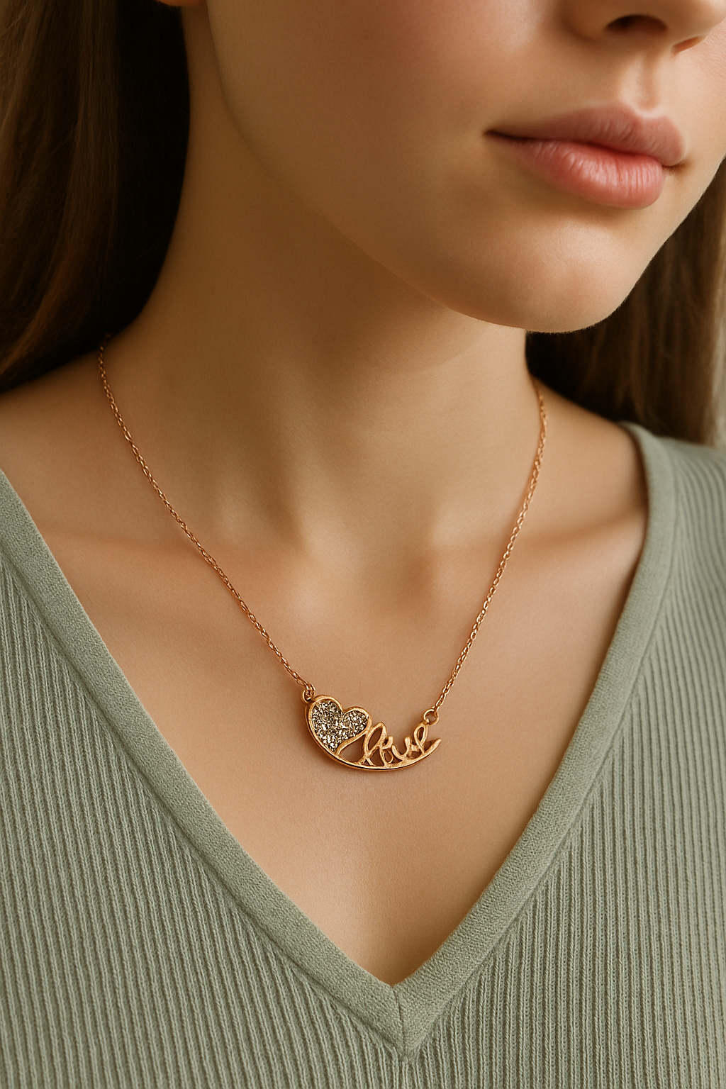 Crystal Love Script Necklace Gold-Tone Chain with Stone-Studded Heart & Love Calligraphy