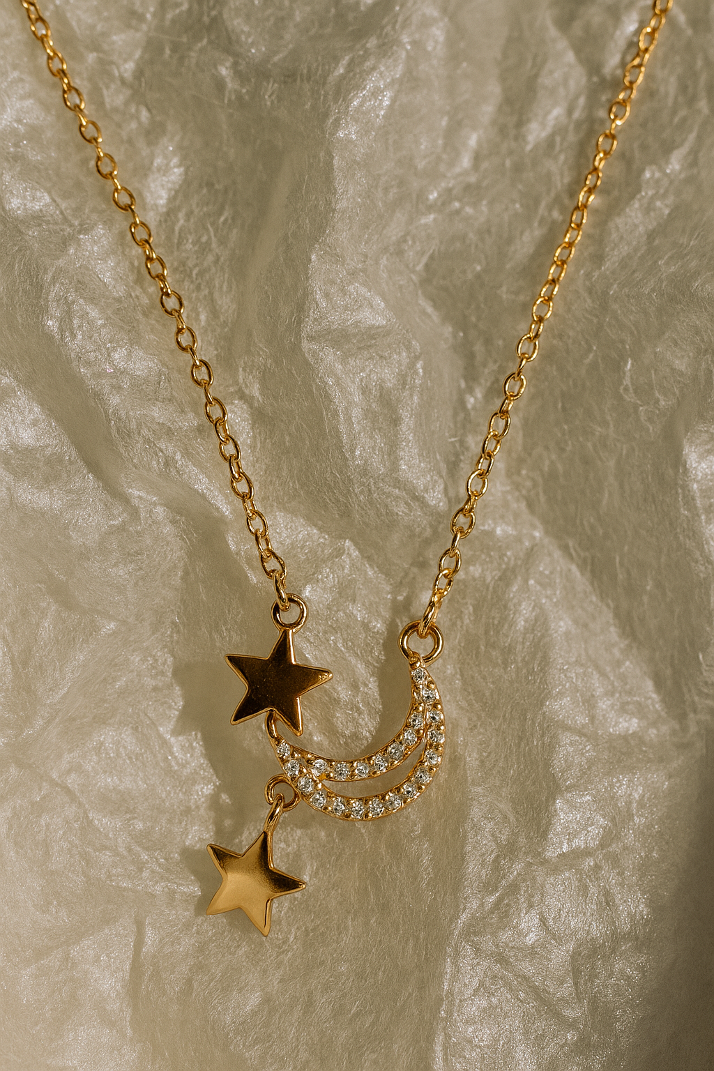 Moon & Twin Stars Pendant Necklace Delicate Crescent Moon & Star CZ Charm