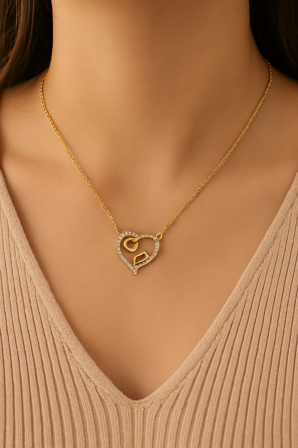 Bonded Hearts Necklace Dual Heart CZ Pendant | Gold Polish Finish