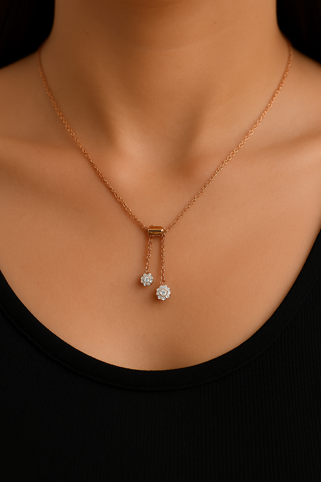 Twin Drop Dangler Pendant Elegant Dual Teardrop CZ Necklace