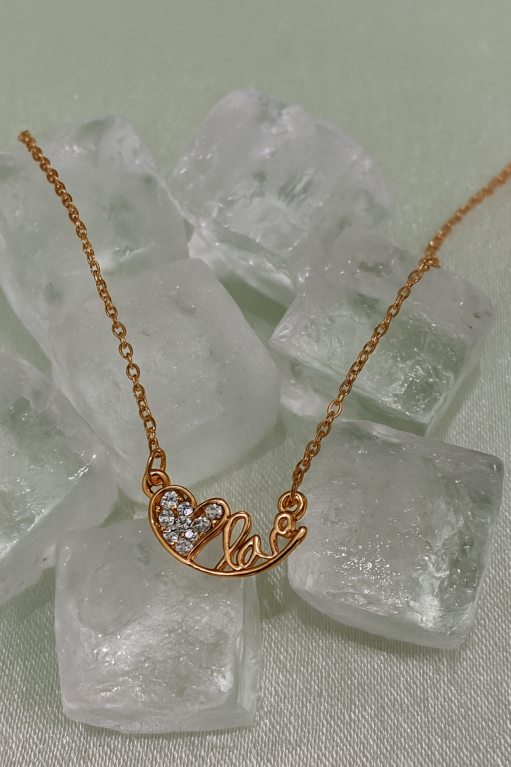 Crystal Love Script Necklace Gold-Tone Chain with Stone-Studded Heart & Love Calligraphy