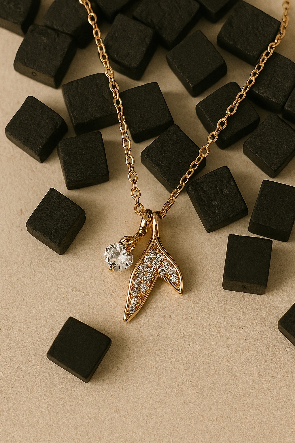 Mermaid Tail Pendant Necklace With CZ Charm Drop