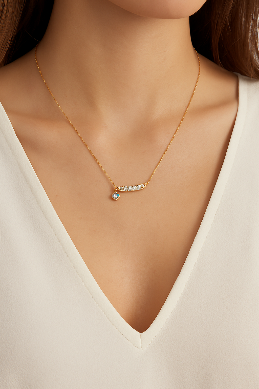 Celeste Curve Necklace – CZ & Blue Accent Bar Pendant