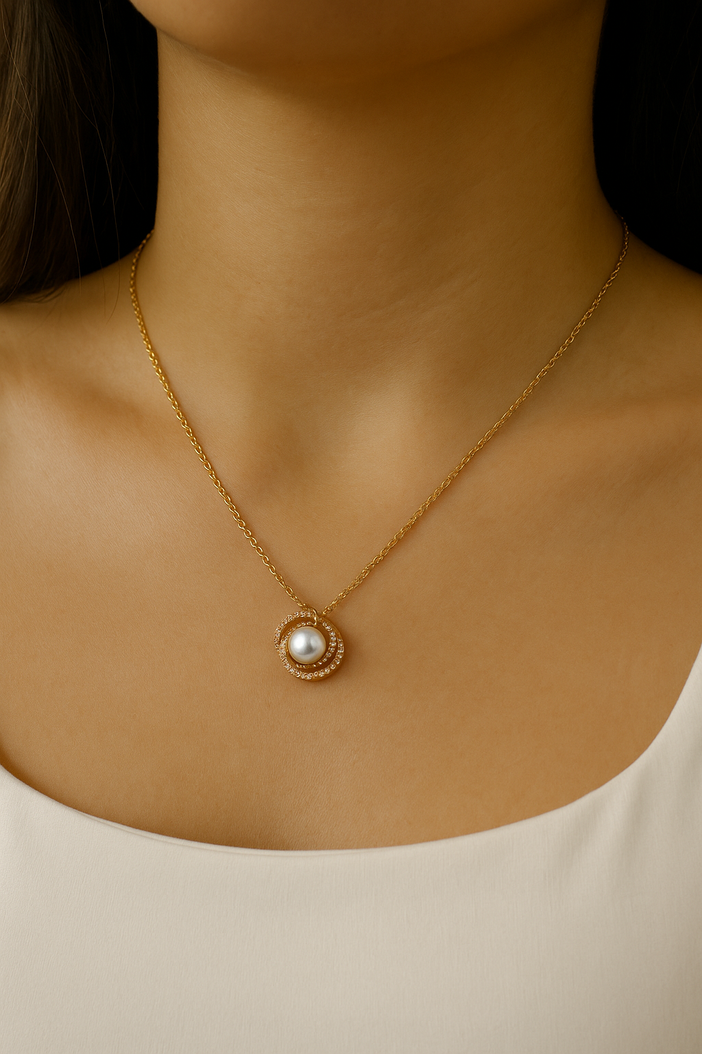 Golden Pearl Orbit Necklace Classic Round Pearl Pendant with CZ Halo