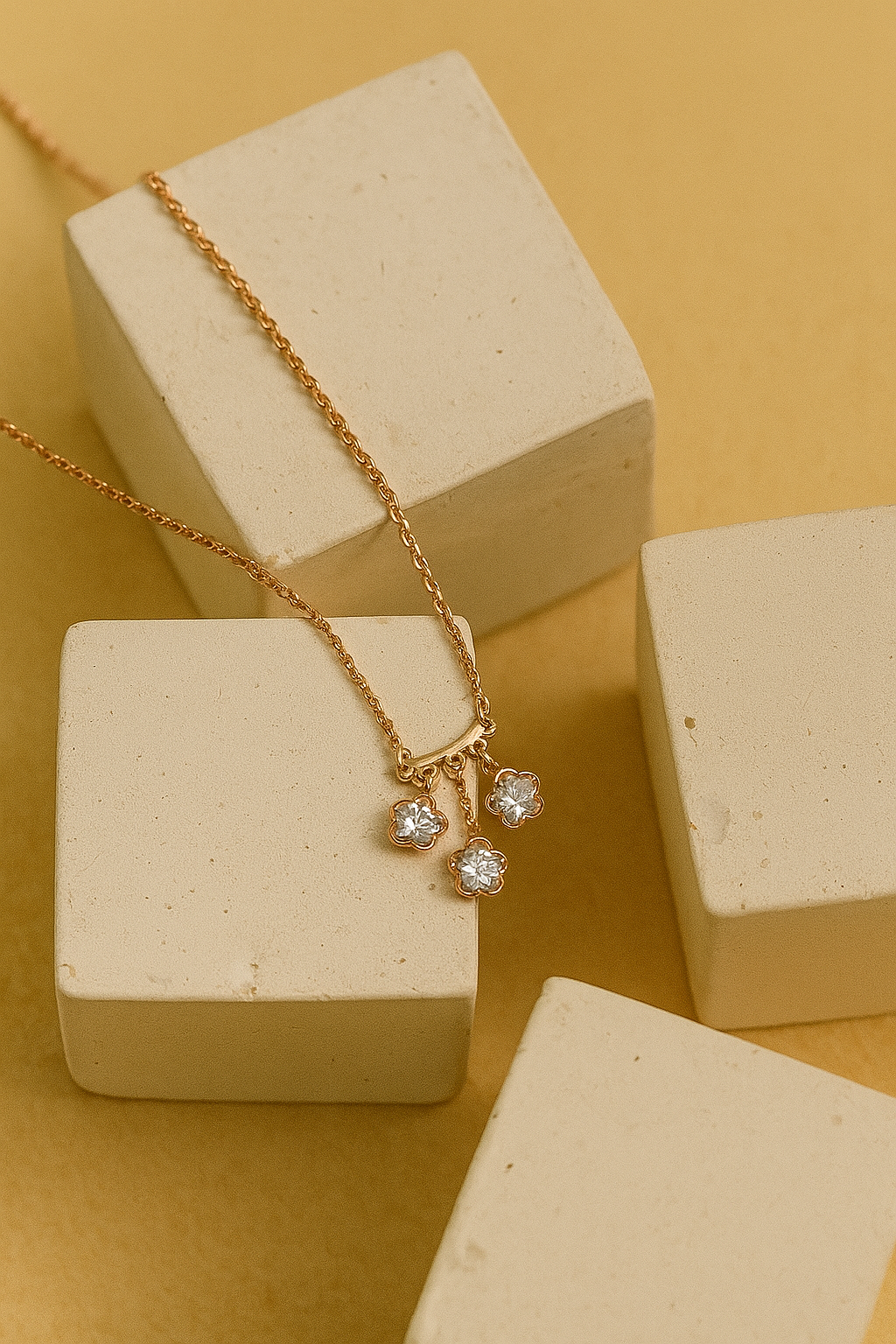 Triple Bloom Necklace Dangling Floral CZ Charm Pendant