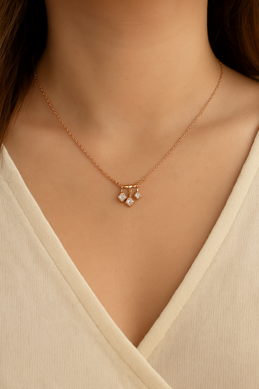 Triple Bloom Necklace Dangling Floral CZ Charm Pendant