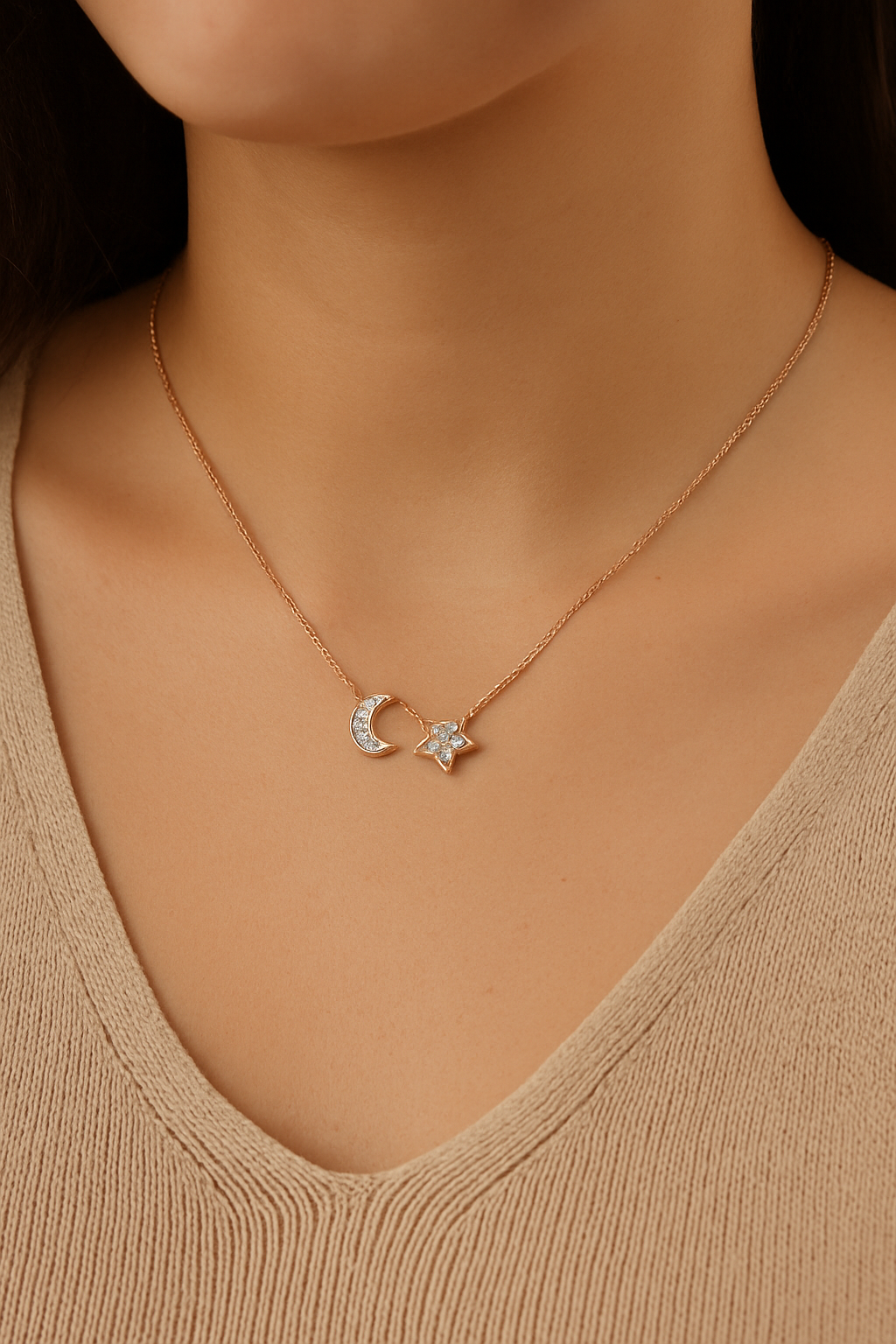 Moon & Star Celestial Necklace Rose Gold Dual Charm Design