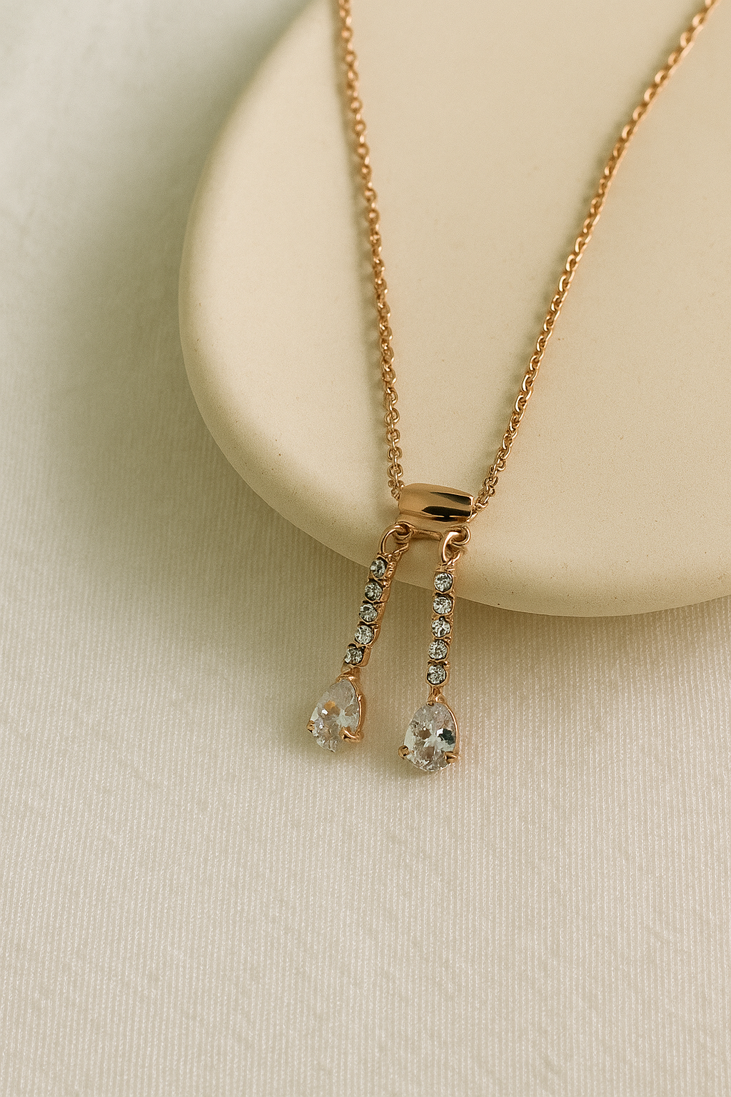 Twin Drop Dangler Pendant Elegant Dual Teardrop CZ Necklace