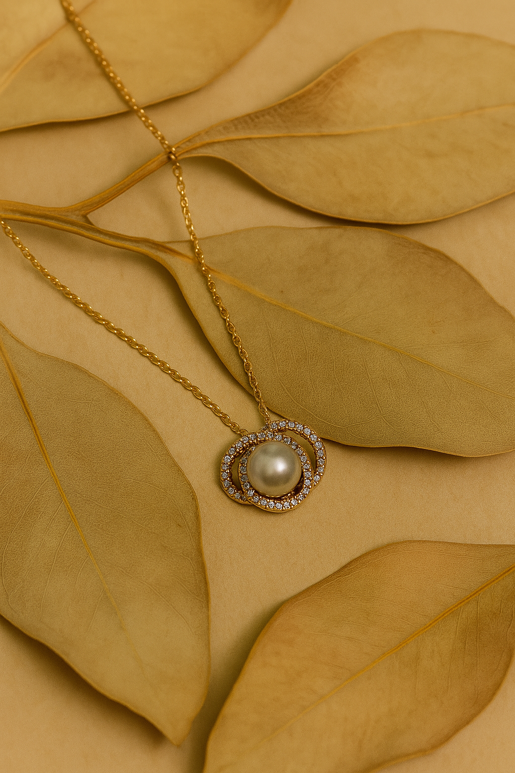 Golden Pearl Orbit Necklace Classic Round Pearl Pendant with CZ Halo