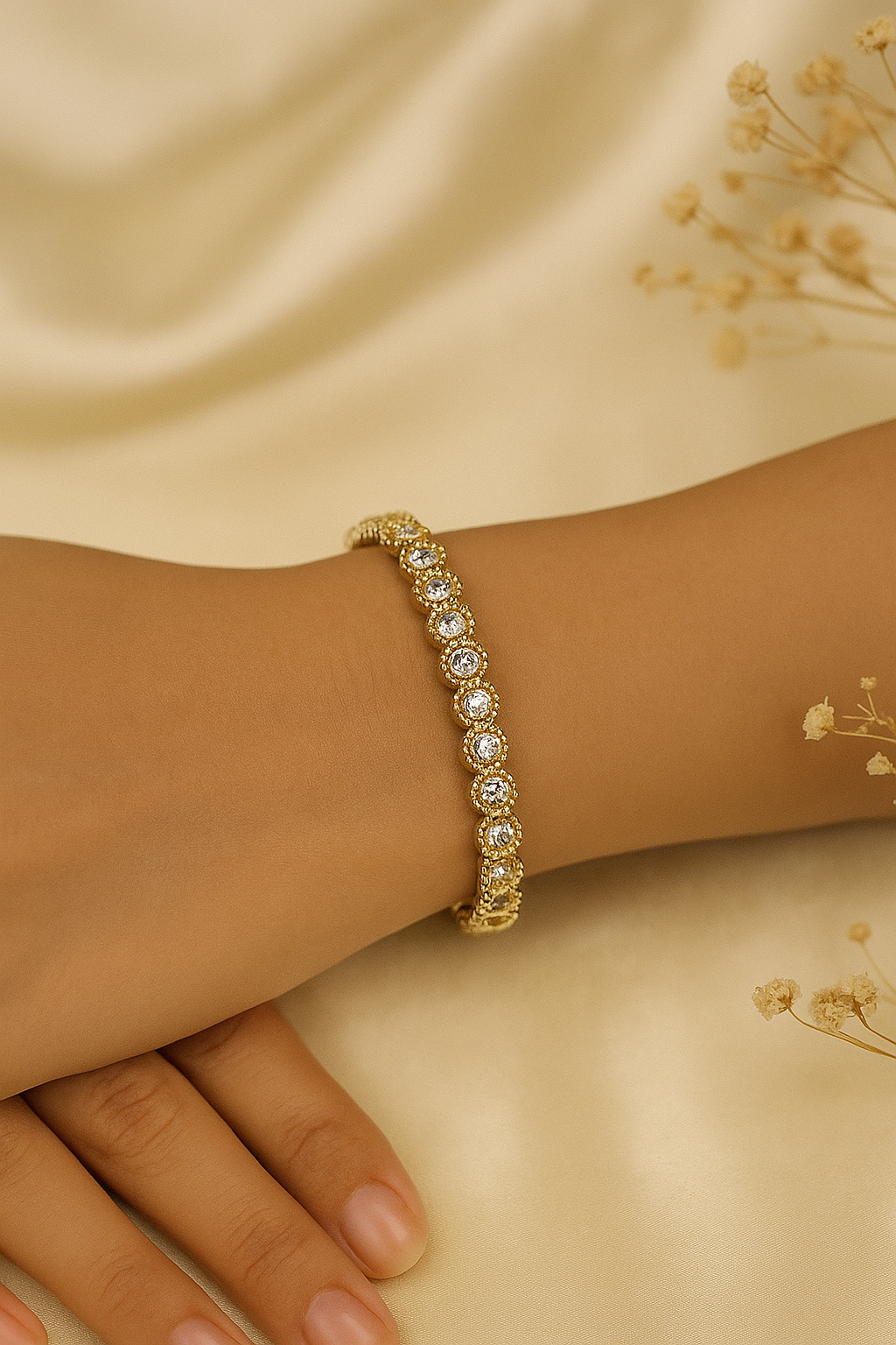 18K Gold-Plated Floral Halo Crystal Bangle | Anti-Tarnish Sparkle Edit
