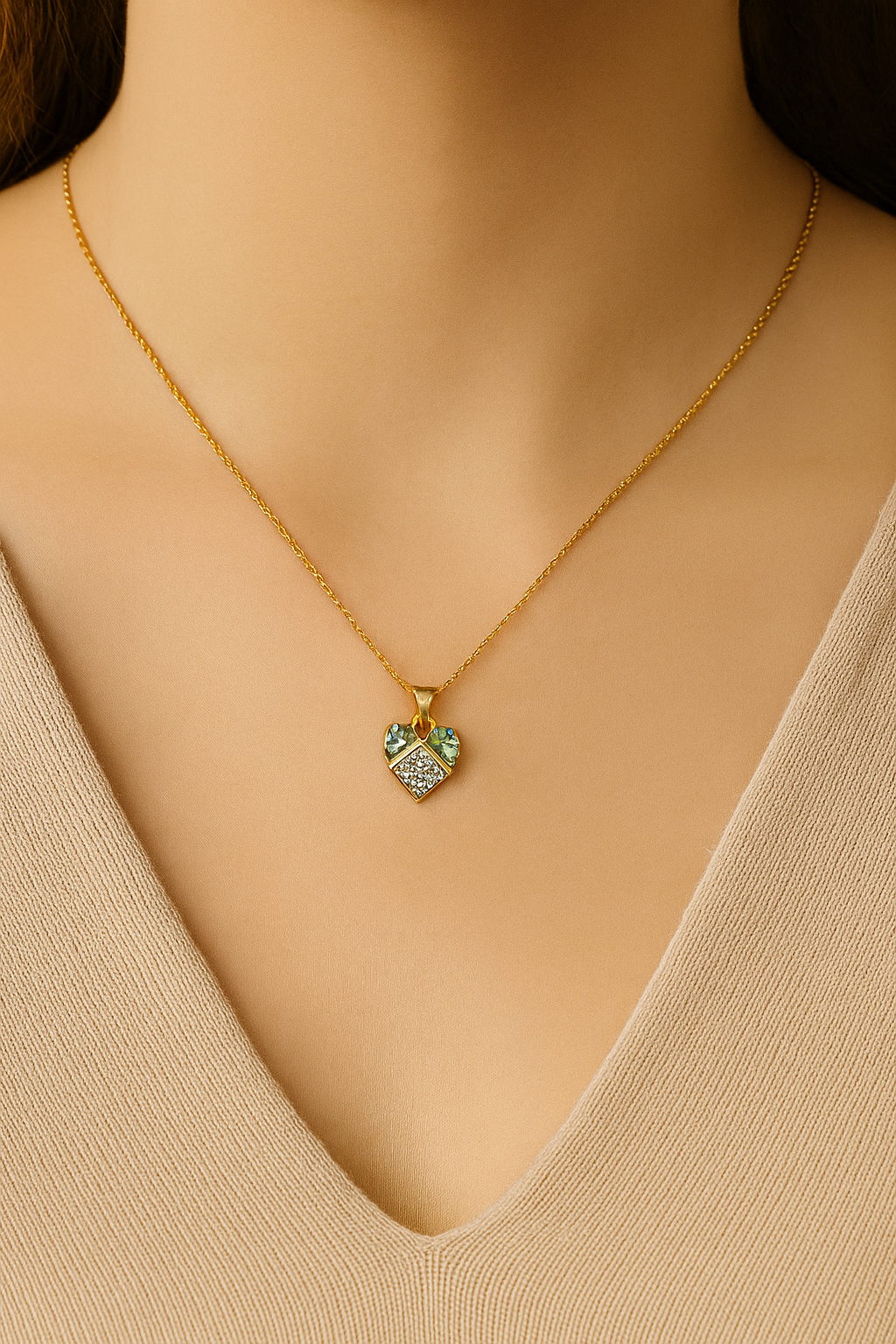 Crystal Heart Grid Necklace Heart Charm with Emerald & CZ Panel
