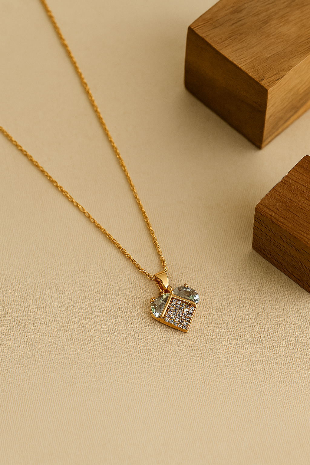 Crystal Heart Grid Necklace Heart Charm with Emerald & CZ Panel