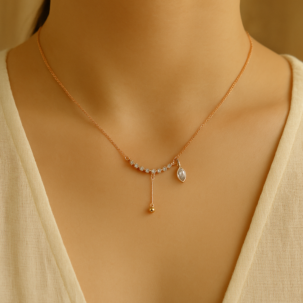 Leaf Drop Floral Arc Necklace CZ & Pearl-Leaf Rose Gold Pendant