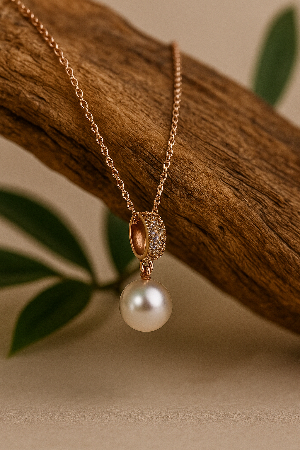 Lustre Drop Pearl Pendant Rose Gold Crystal-Studded Charm
