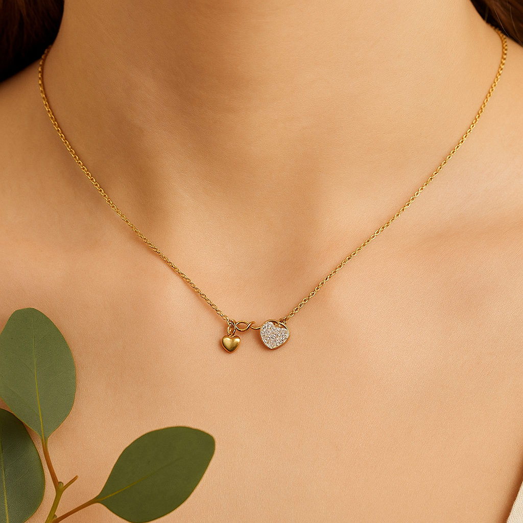 Dual Heart Link Necklace – CZ-Paved & Polished Heart Charms