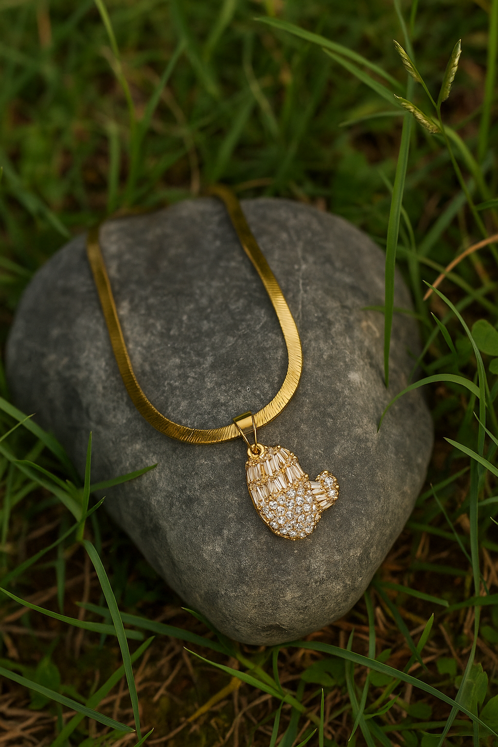 Crystal Glove Pendant Necklace with Gold Flat Chain