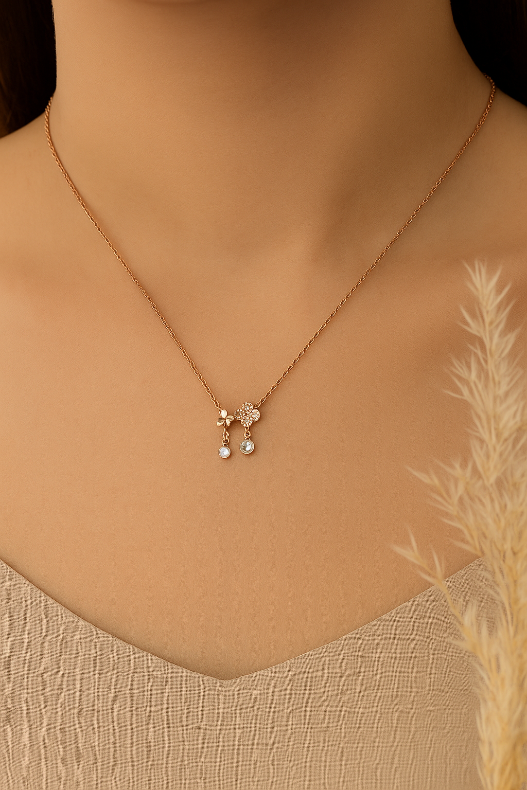 Lucky Drape Trio Necklace – CZ Clover & Drop Charms