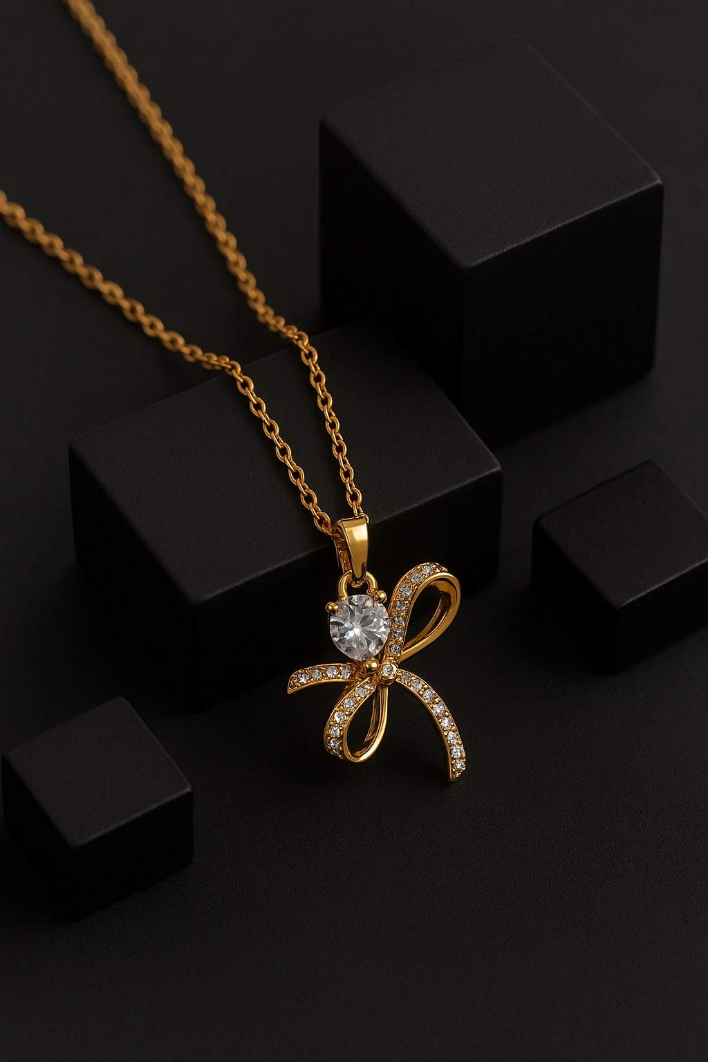 Bow-Tied Sparkle Pendant with Heart CZ & Shimmer Bow Design