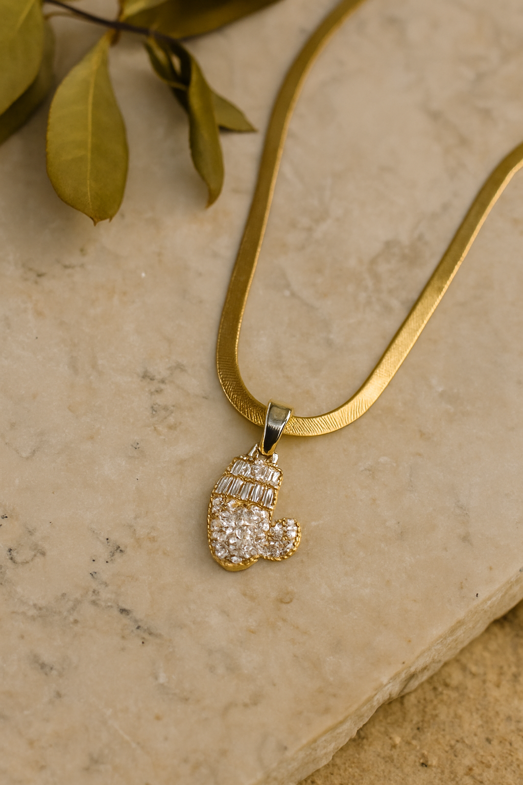 Crystal Glove Pendant Necklace with Gold Flat Chain