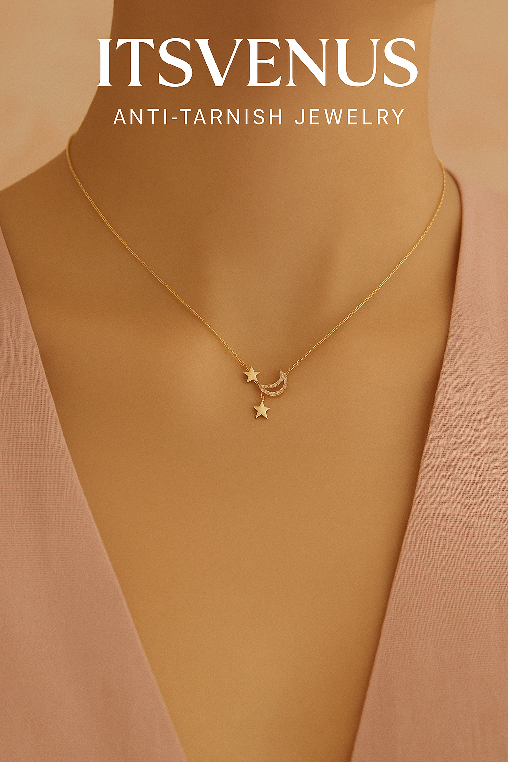 Moon & Twin Stars Pendant Necklace Delicate Crescent Moon & Star CZ Charm