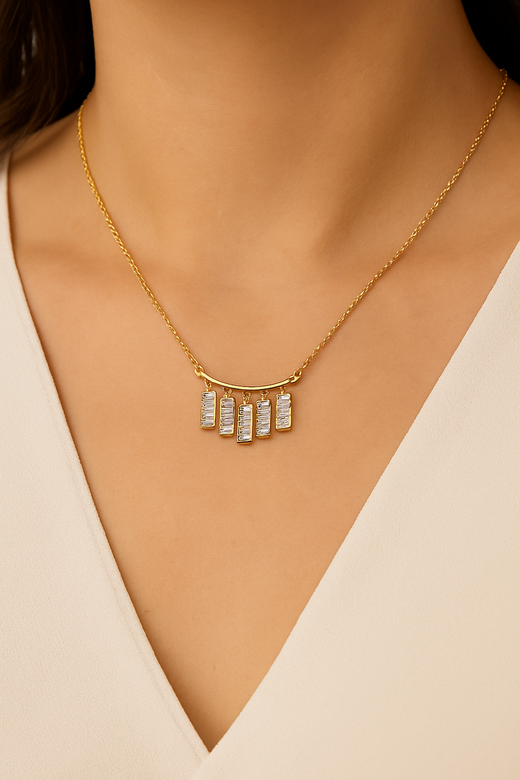 Lustre Bar Baguette Necklace – Two-Tone CZ Drop Necklace