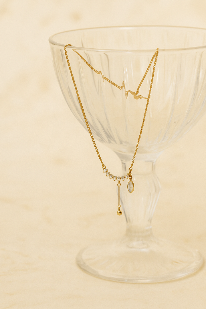 Leaf Drop Floral Arc Necklace CZ & Pearl-Leaf Rose Gold Pendant