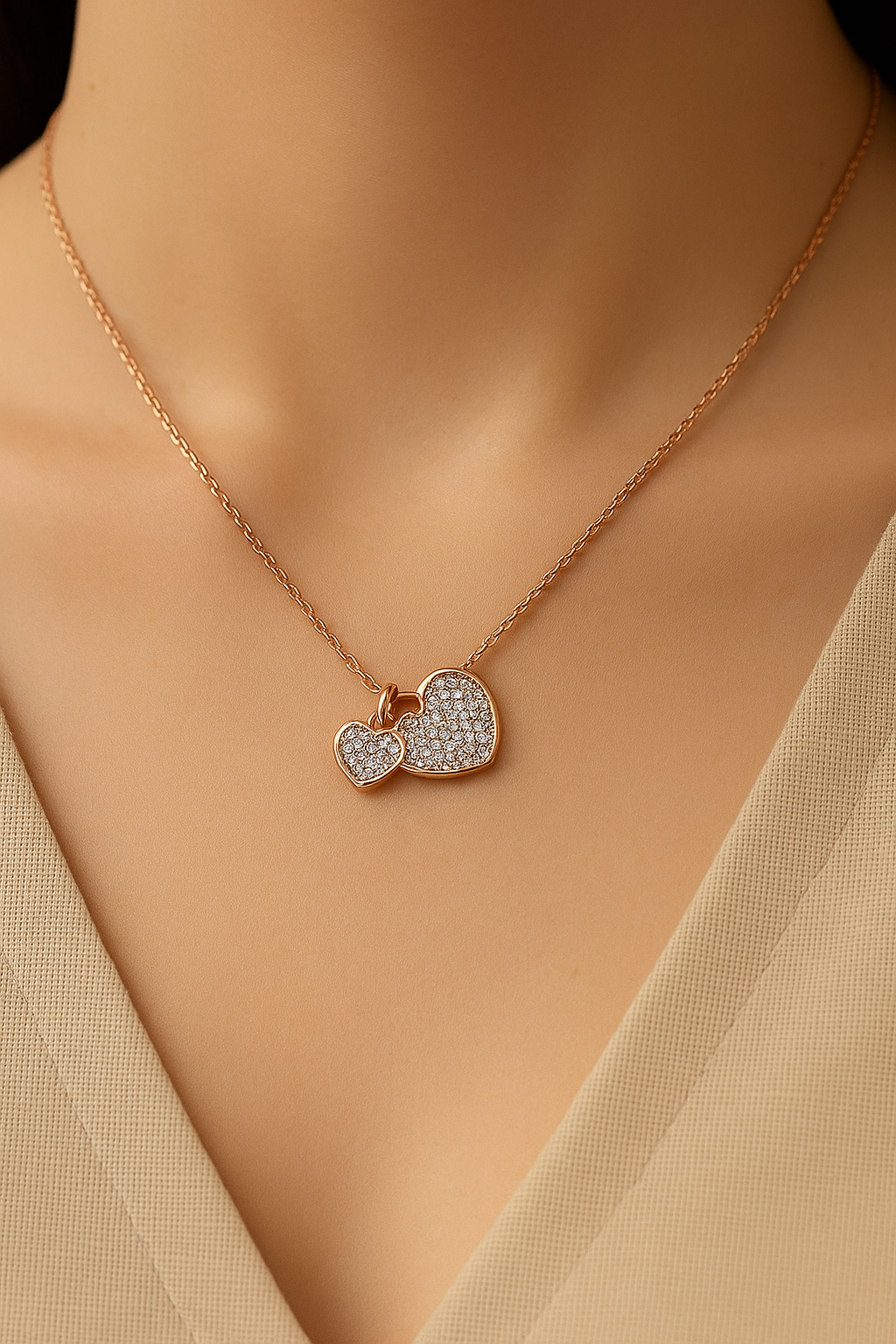 Double Heart Diamond Pendant Twin Heart Charms with Embedded CZ Stones